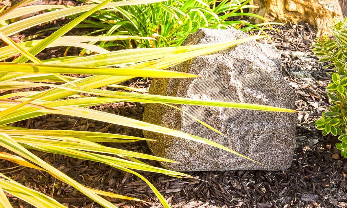 a speaker disguised as a rock behind a yellow plant