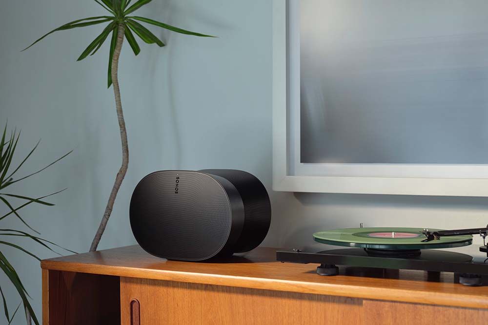 sonos speaker on wooden credenza