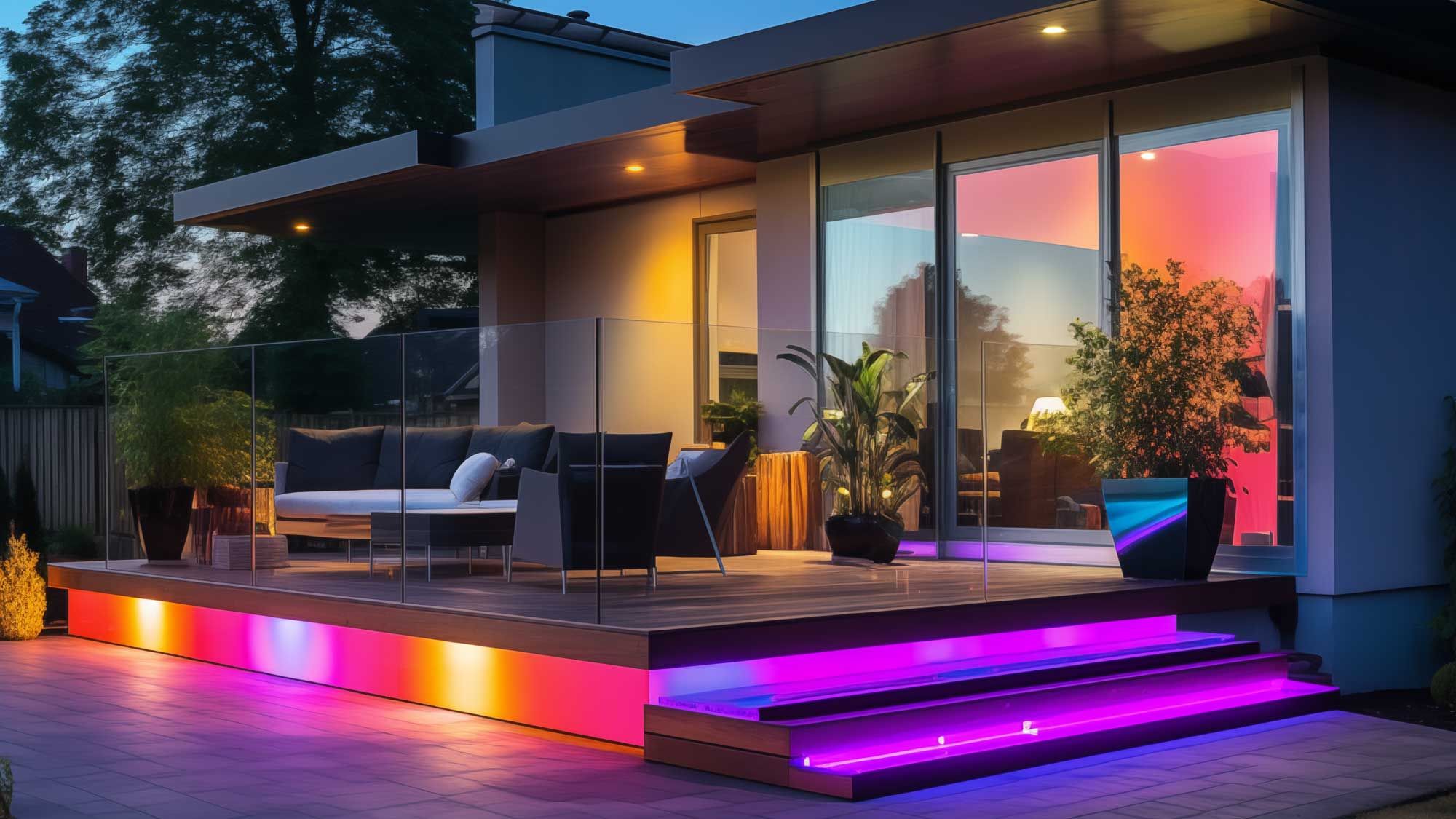 colorful LED lighting on a modern outdoor patio