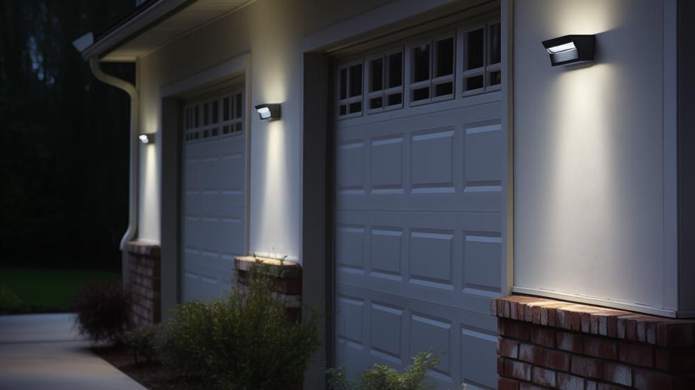 two car garage with wall mounted security lights