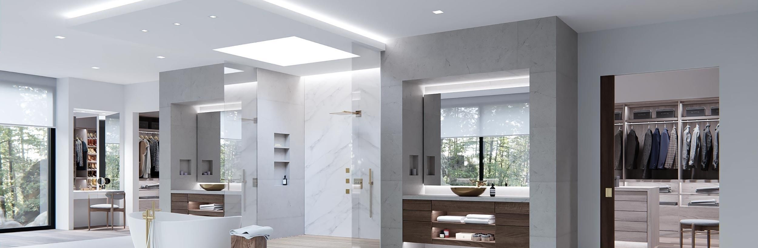 bright modern bathroom with lutron LED lighting